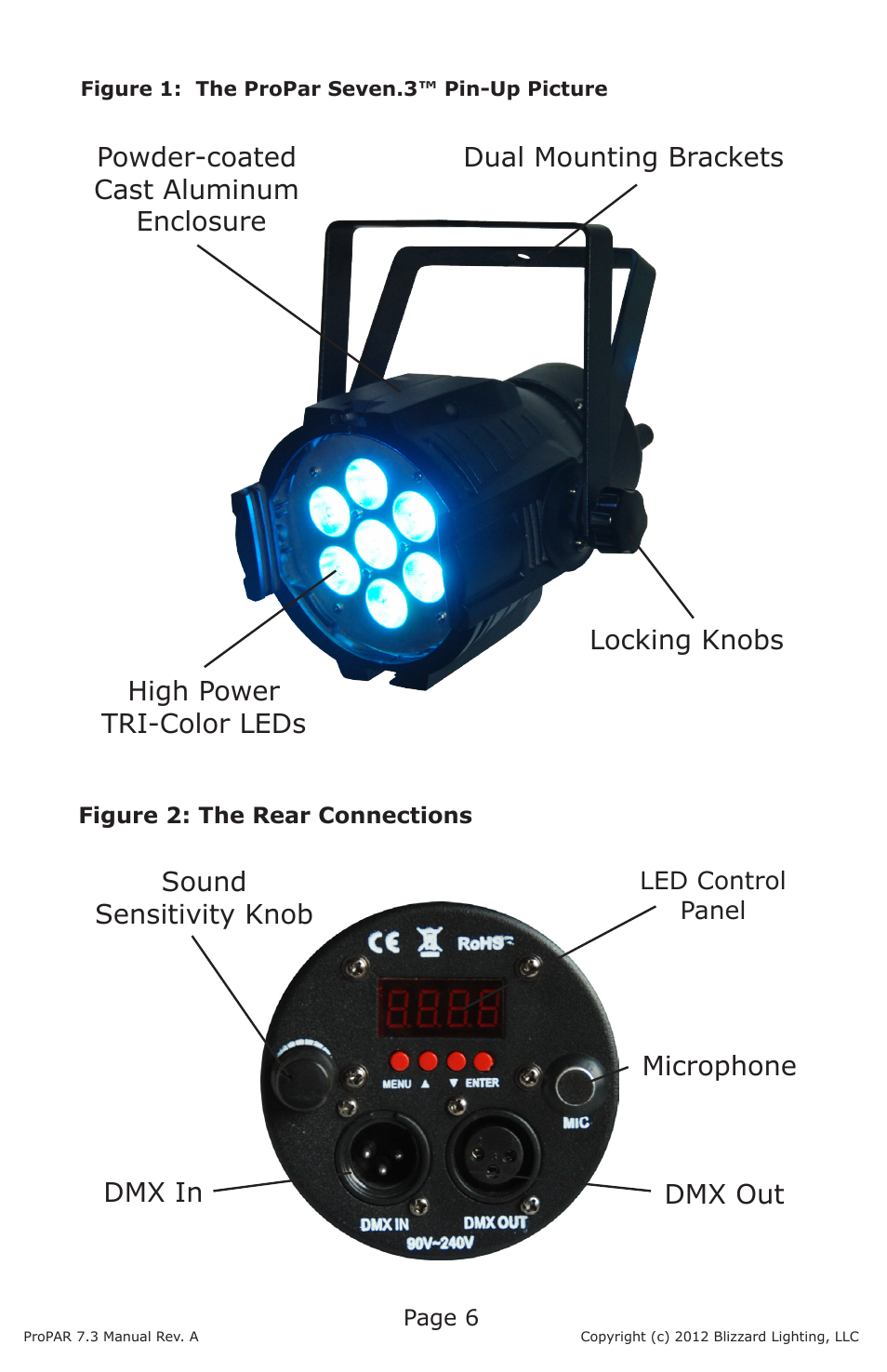 Sound sensitivity knob microphone, Dmx in dmx out locking knobs | Blizzard Lighting Seven-3 ProPar (Rev A) User Manual | Page 6 / 18