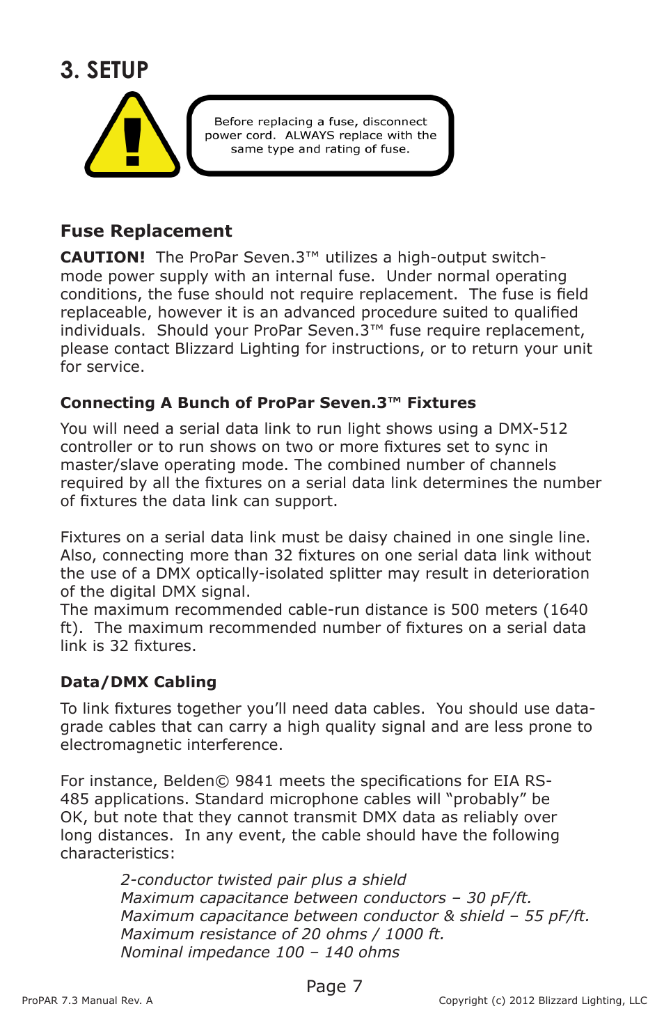 Setup, Page 7, Fuse replacement | Blizzard Lighting Seven-3 ProPar (Rev A) User Manual | Page 7 / 18