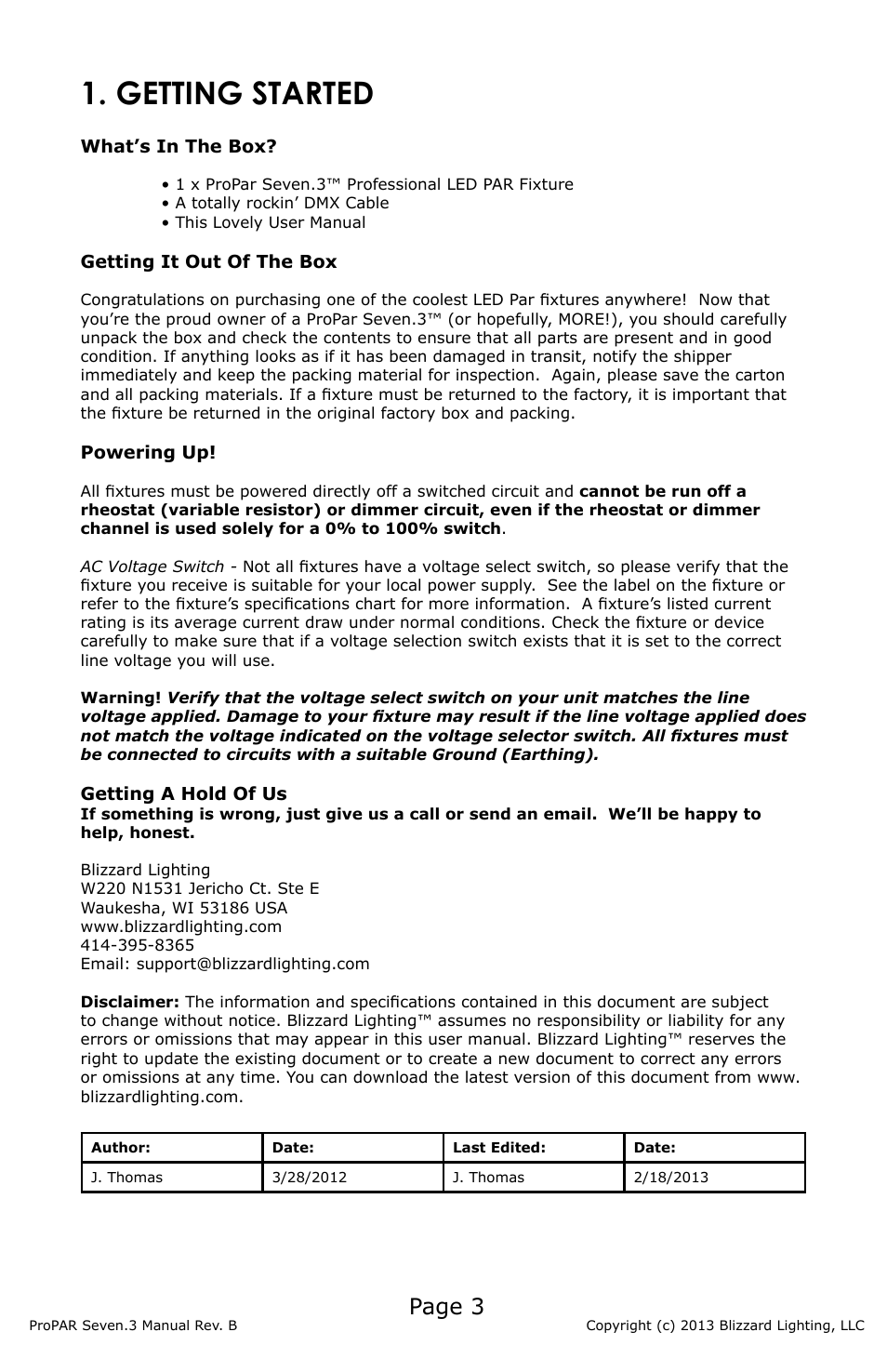 Getting started, Page 3 | Blizzard Lighting Seven-3 ProPar (Rev B) User Manual | Page 3 / 20