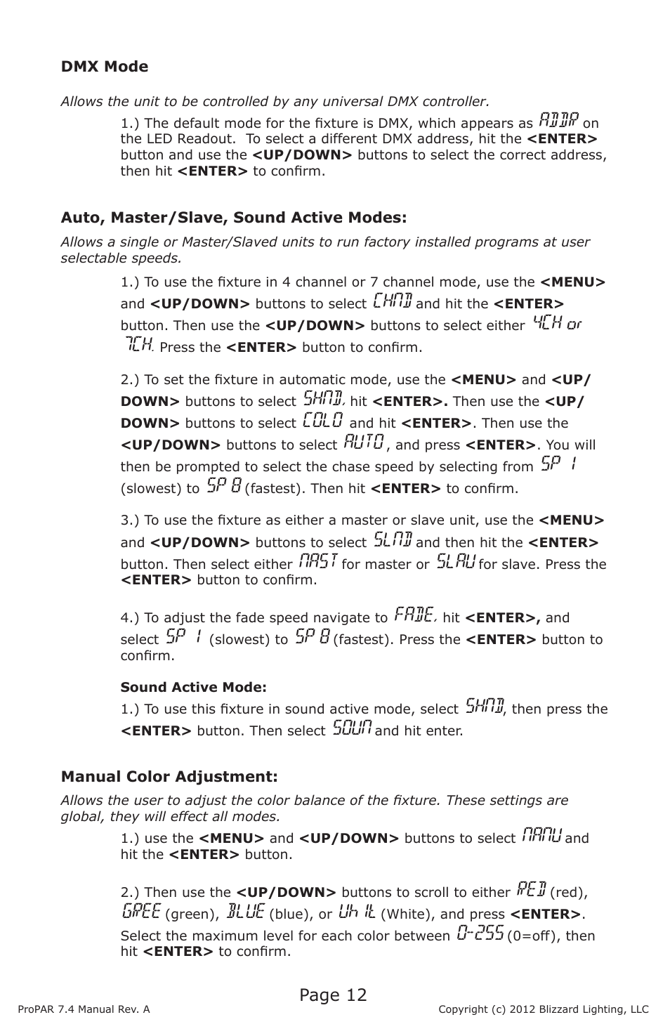 Addr, Chnd, 4ch or 7ch | Shnd, Colo, Auto, Sp 1, Sp 8, Slnd, Nast | Blizzard Lighting Seven-4 ProPar (Rev A) User Manual | Page 12 / 20