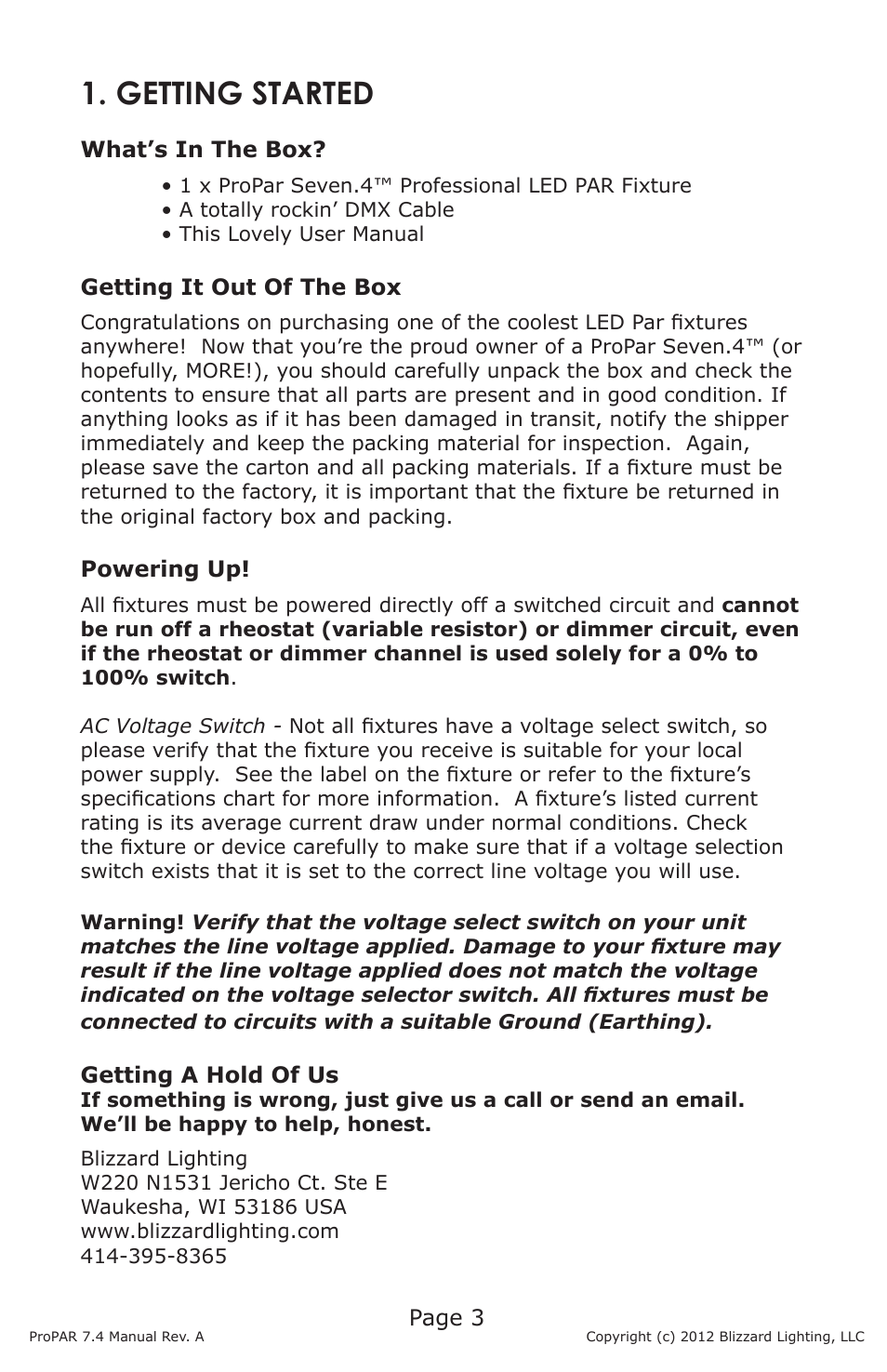 Getting started | Blizzard Lighting Seven-4 ProPar (Rev A) User Manual | Page 3 / 20