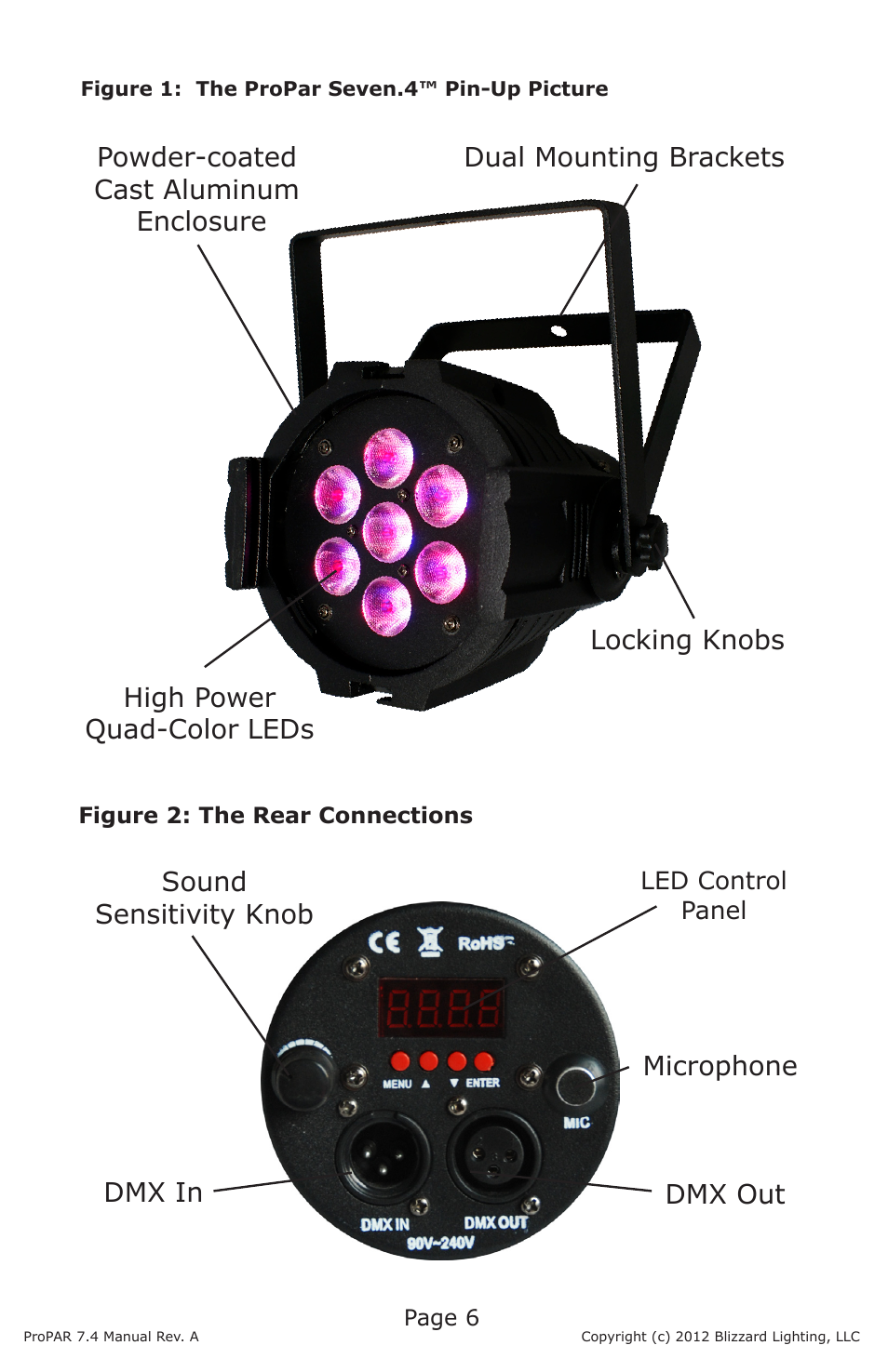 Sound sensitivity knob microphone, Dmx in dmx out locking knobs | Blizzard Lighting Seven-4 ProPar (Rev A) User Manual | Page 6 / 20