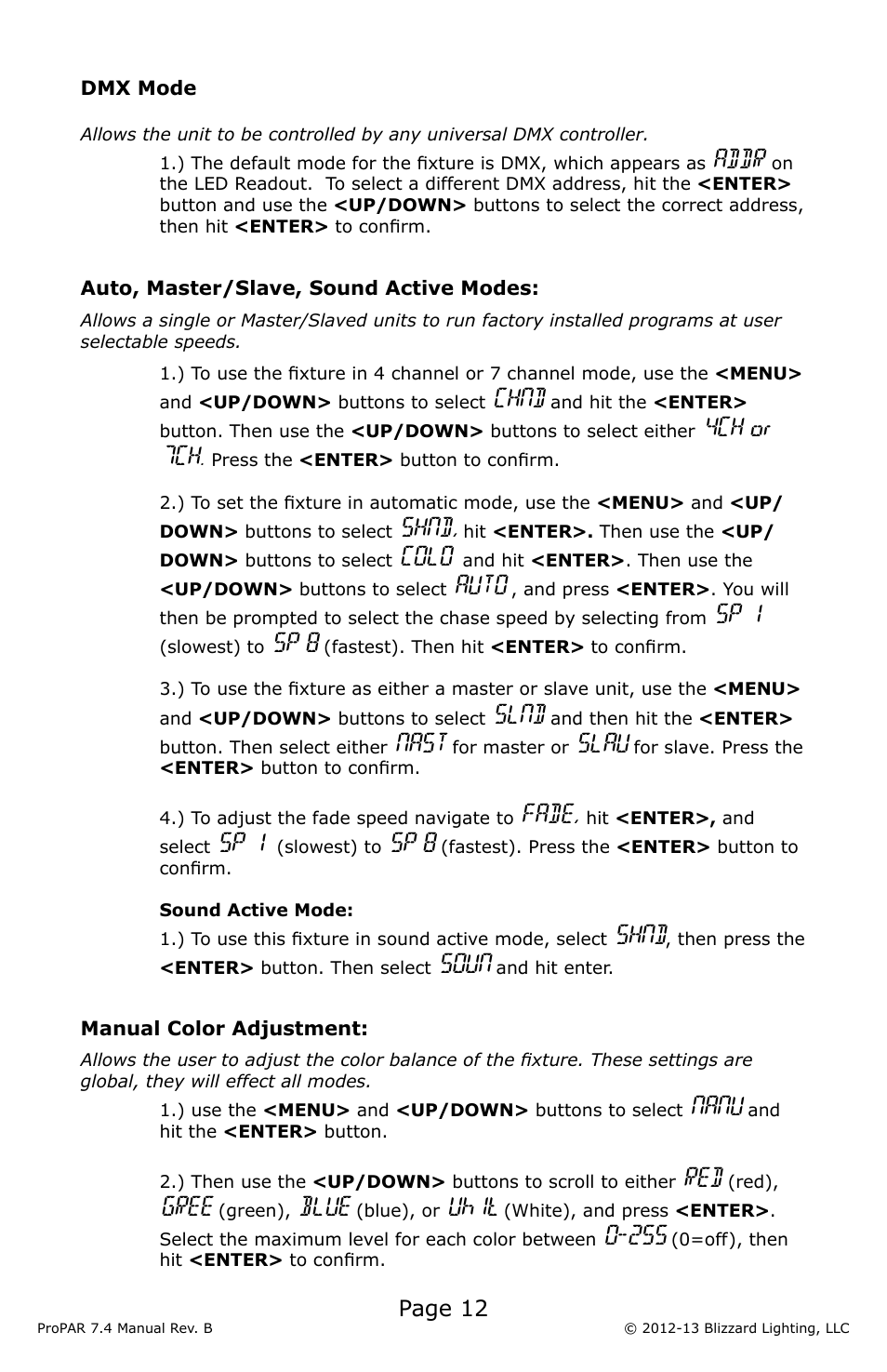 Addr, Chnd, 4ch or 7ch | Shnd, Colo, Auto, Sp 1, Sp 8, Slnd, Nast | Blizzard Lighting Seven-4 ProPar (Rev B) User Manual | Page 12 / 20
