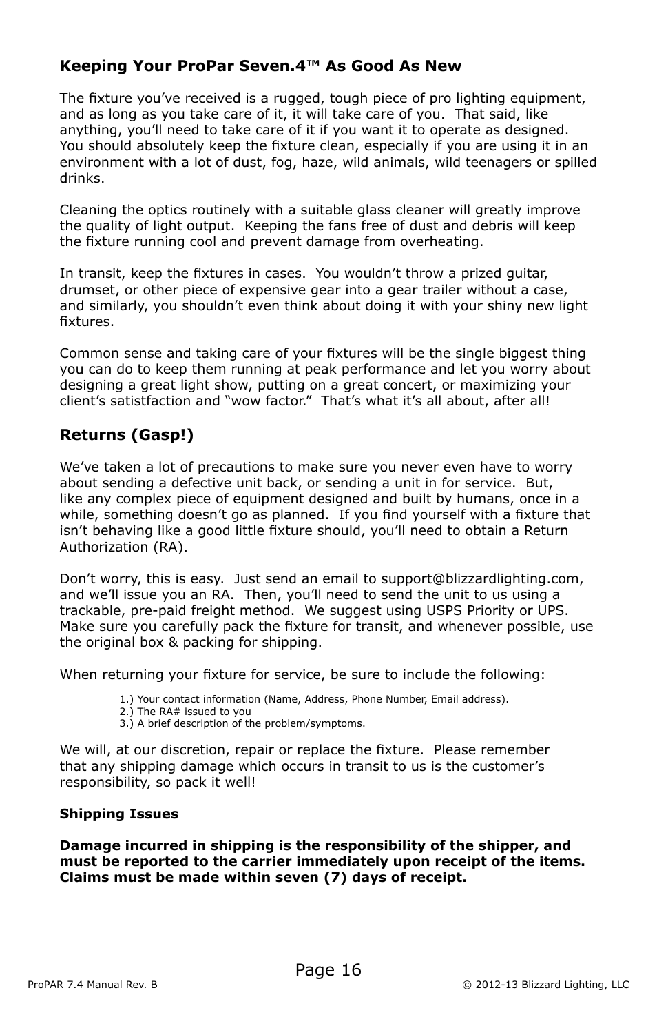 Page 16 | Blizzard Lighting Seven-4 ProPar (Rev B) User Manual | Page 16 / 20