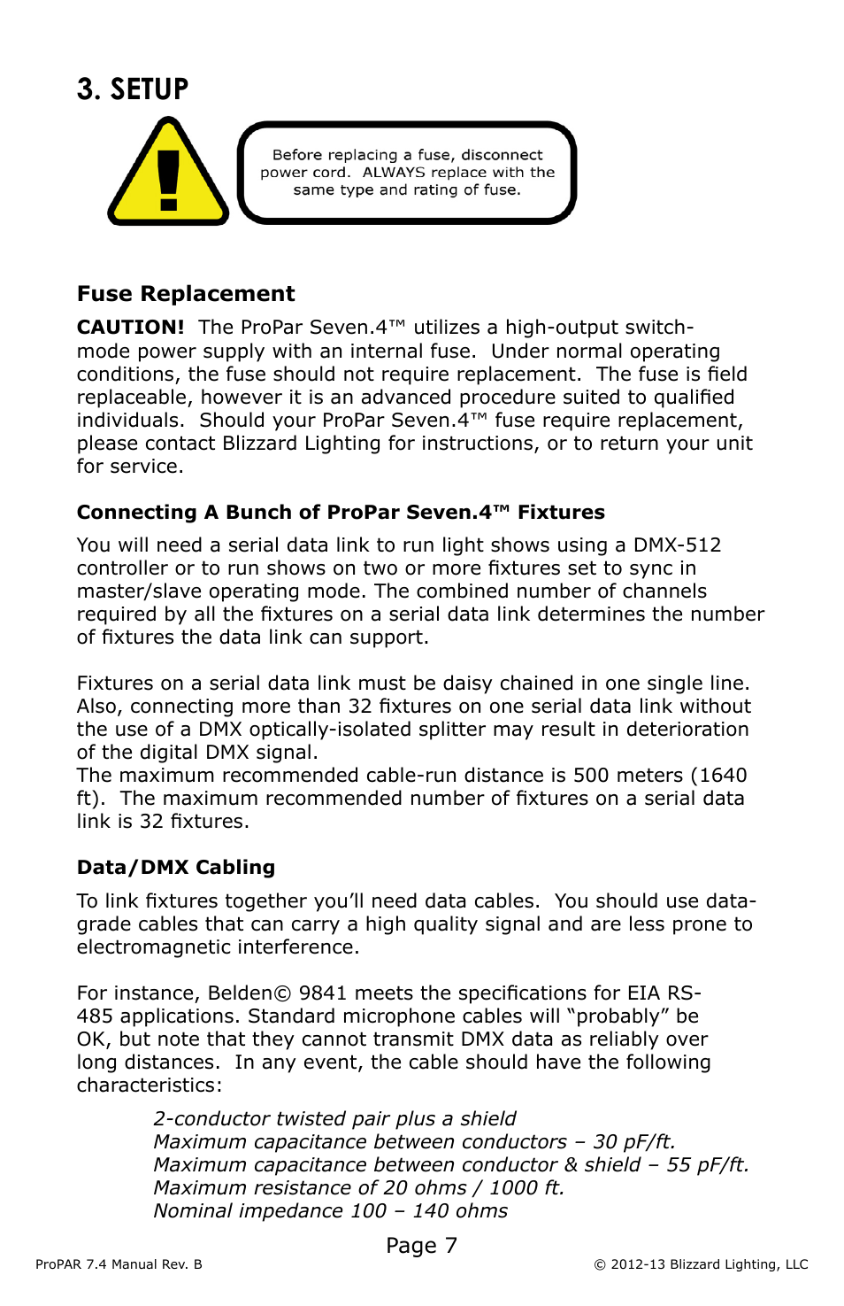 Setup, Page 7, Fuse replacement | Blizzard Lighting Seven-4 ProPar (Rev B) User Manual | Page 7 / 20