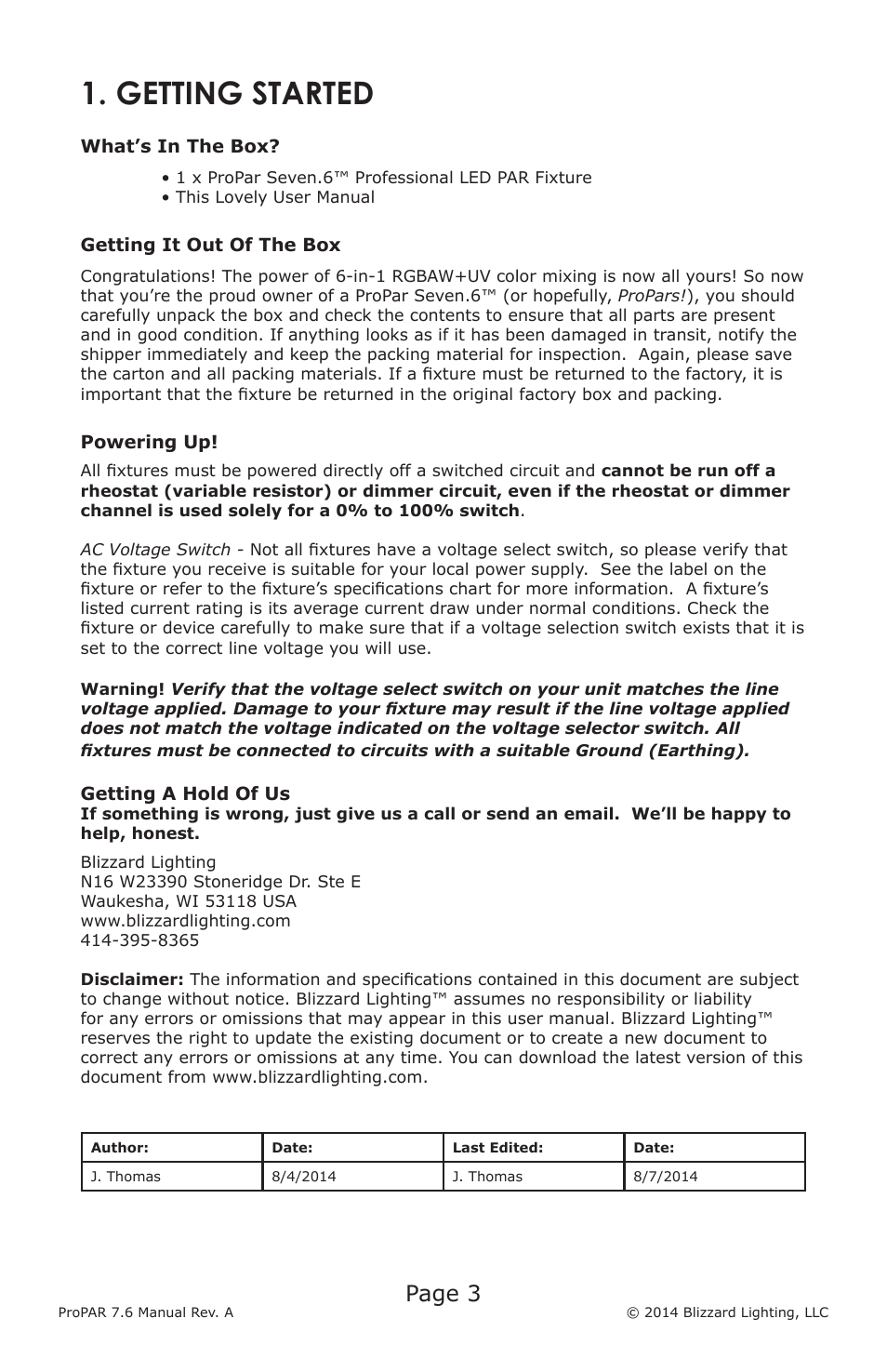 Getting started, Page 3 | Blizzard Lighting Seven-6 ProPar User Manual | Page 3 / 20