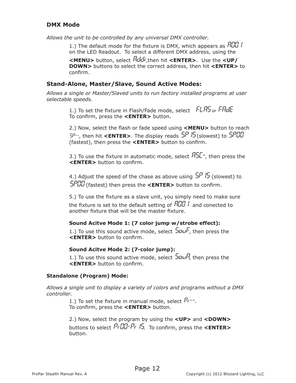 A001, Addr, Flas | Fade, Sp15, Sp00, Souf, Soua, Pr00-pr15 | Blizzard Lighting Stealth ProPar (Rev A) User Manual | Page 12 / 18