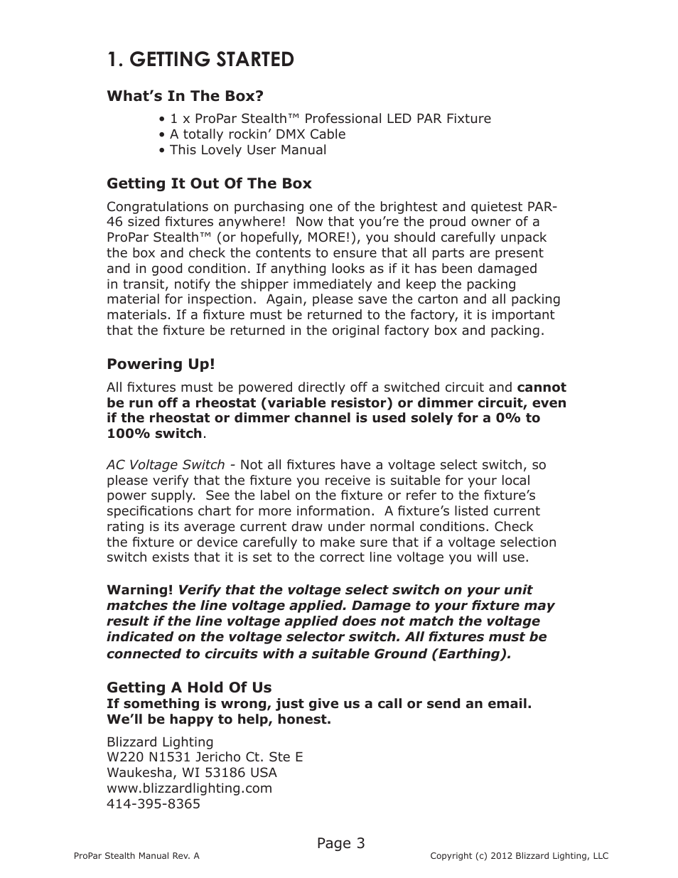 Getting started | Blizzard Lighting Stealth ProPar (Rev A) User Manual | Page 3 / 18