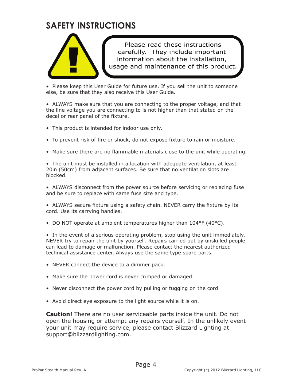 Safety instructions, Page 4 | Blizzard Lighting Stealth ProPar (Rev A) User Manual | Page 4 / 18