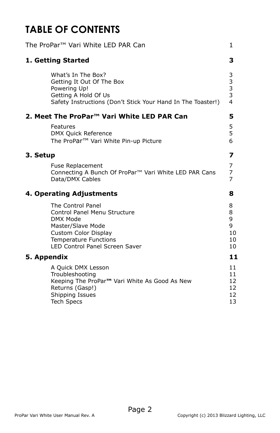 Blizzard Lighting Vari White ProPar (Rev A) User Manual | Page 2 / 16