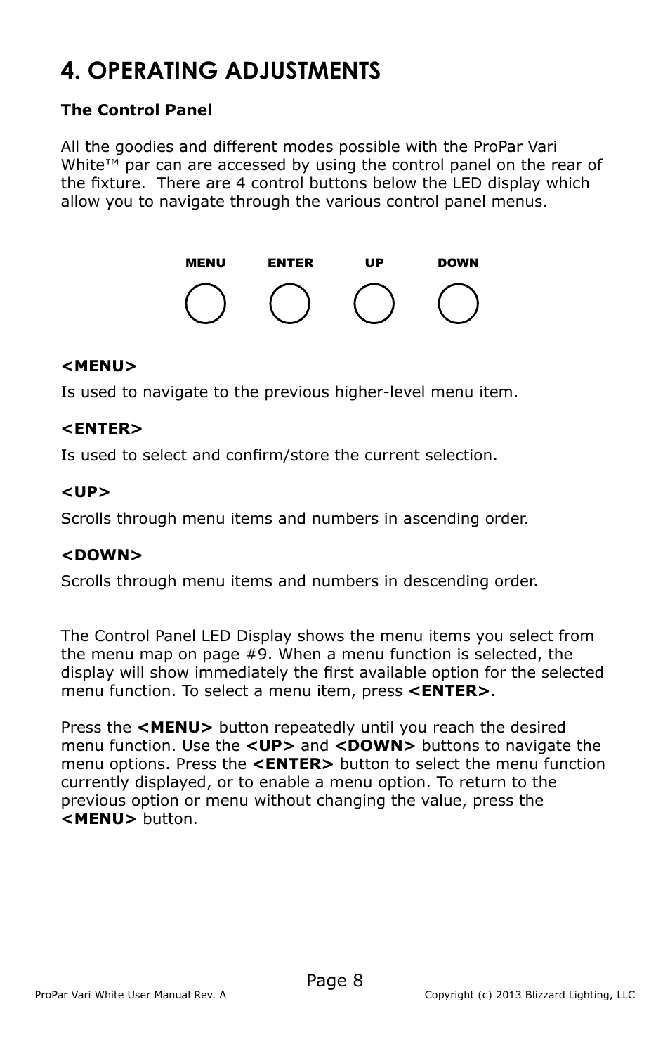 Operating adjustments, Page 8 | Blizzard Lighting Vari White ProPar (Rev A) User Manual | Page 8 / 16