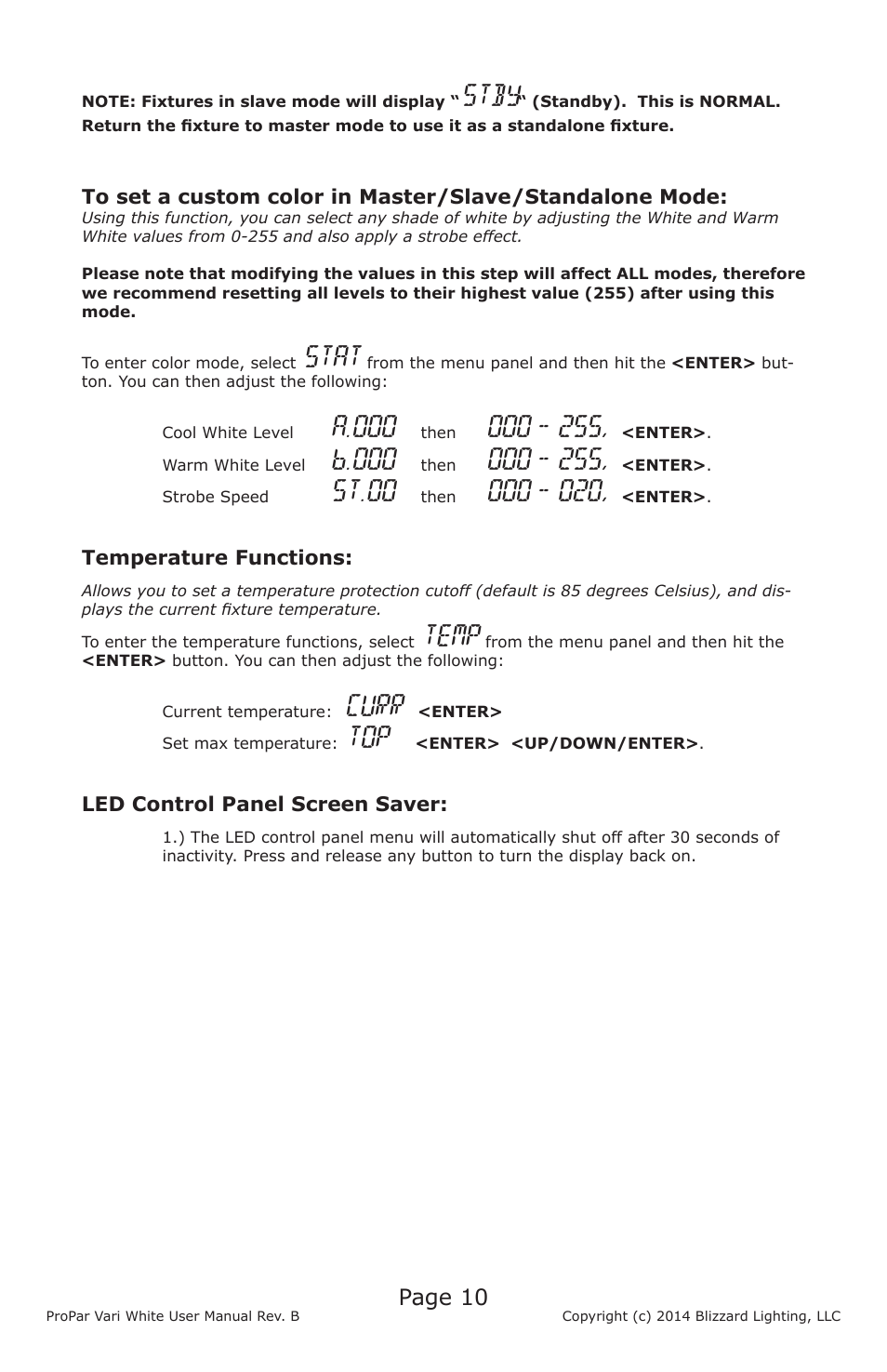 Stby, Stat, A.000 | B.000, St.00, Temp, Curr, Page 10 | Blizzard Lighting Vari White ProPar (Rev B) User Manual | Page 10 / 16