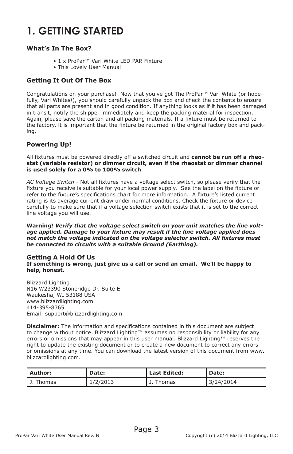 Getting started, Page 3 | Blizzard Lighting Vari White ProPar (Rev B) User Manual | Page 3 / 16