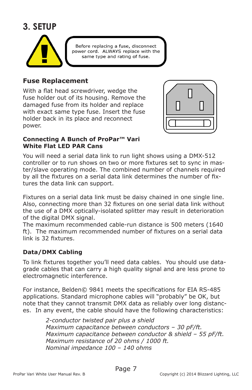 Setup, Page 7, Fuse replacement | Blizzard Lighting Vari White ProPar (Rev B) User Manual | Page 7 / 16