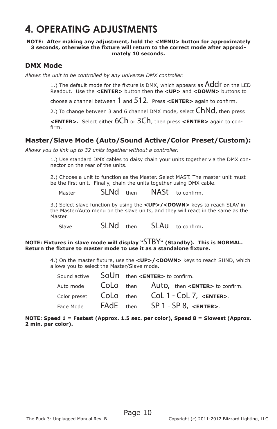 Operating adjustments, Addr, Chnd | Slnd, Nast, Slau, Stby, Soun, Colo, Auto | Blizzard Lighting Puck 3 Unplugged(Rev B) User Manual | Page 10 / 18