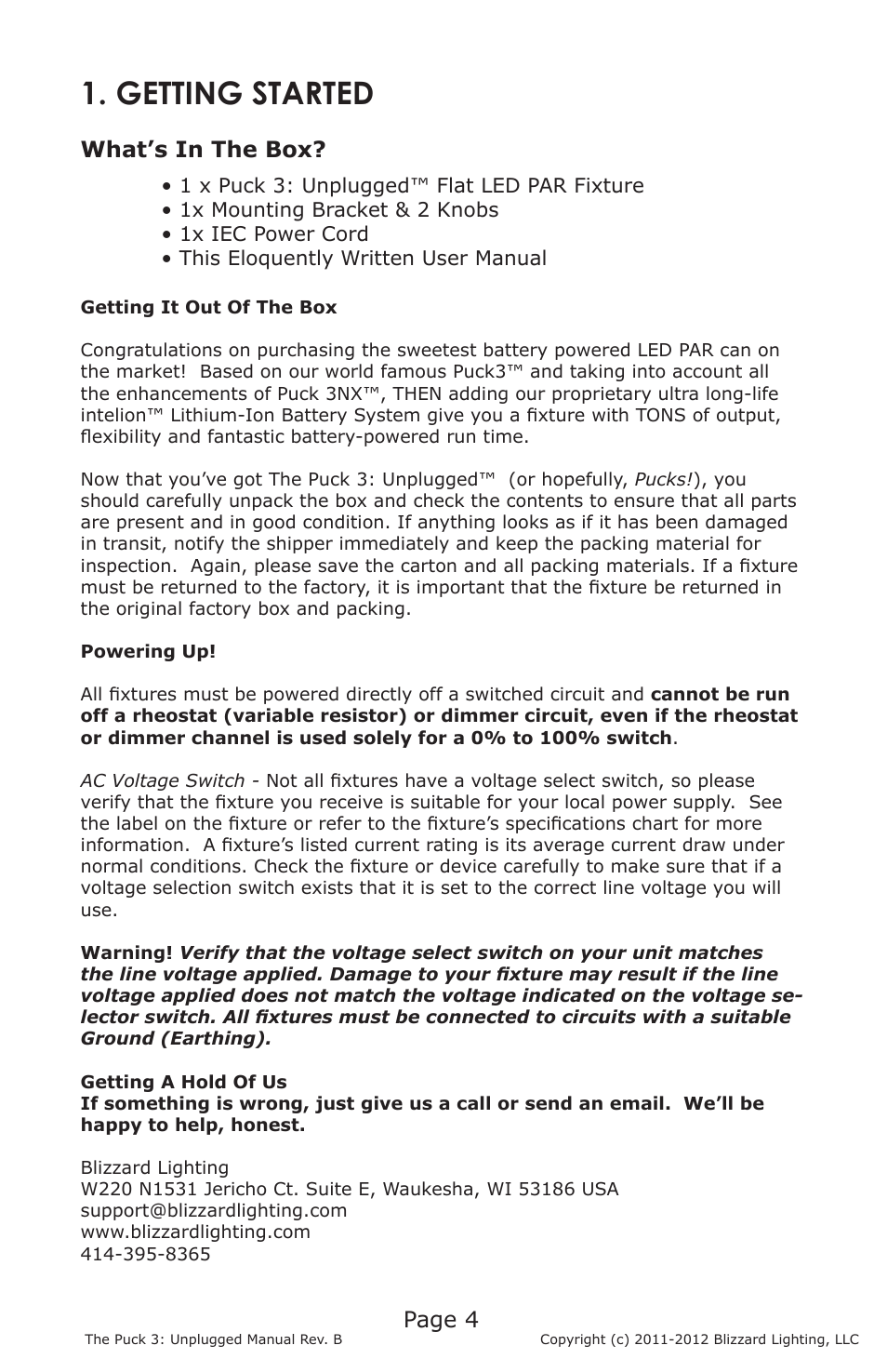 Getting started, Page 4, What’s in the box | Blizzard Lighting Puck 3 Unplugged(Rev B) User Manual | Page 4 / 18