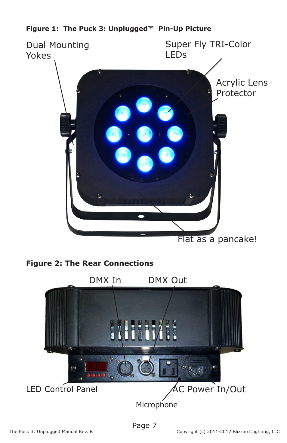 Ac power in/out dmx in dmx out, Acrylic lens protector | Blizzard Lighting Puck 3 Unplugged(Rev B) User Manual | Page 7 / 18