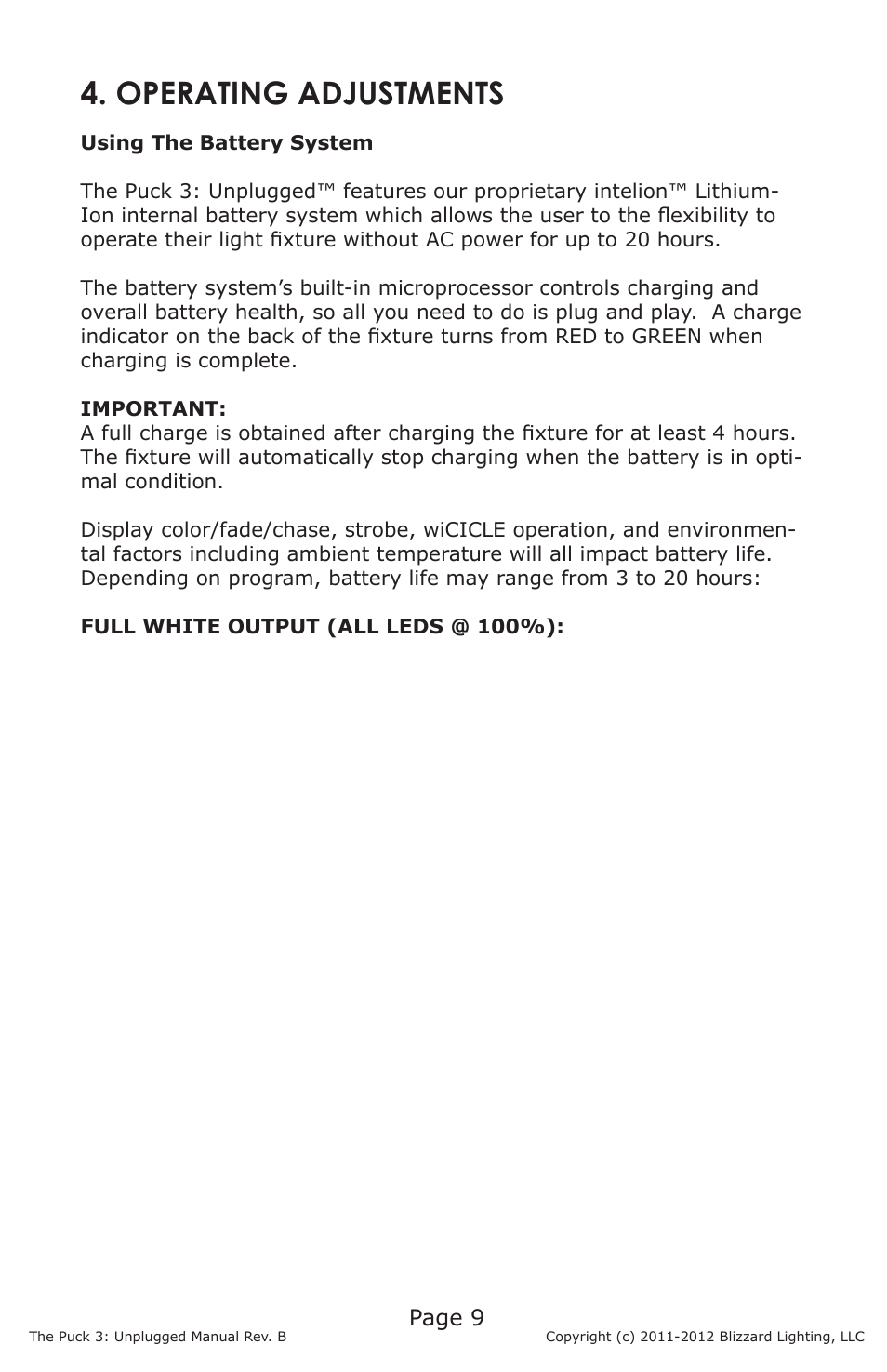 Operating adjustments, Page 9 | Blizzard Lighting Puck 3 Unplugged(Rev B) User Manual | Page 9 / 18