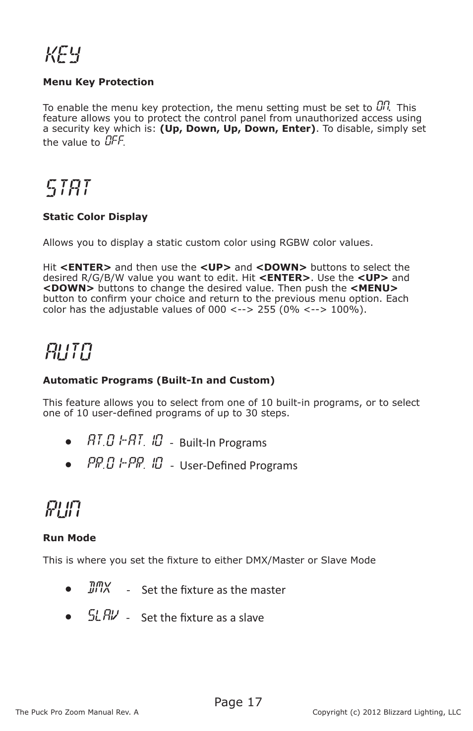 Stat, Auto, At.01-at.10 | Pr.01-pr.10, Slav | Blizzard Lighting Puck Pro Zoom (Rev A) User Manual | Page 17 / 24