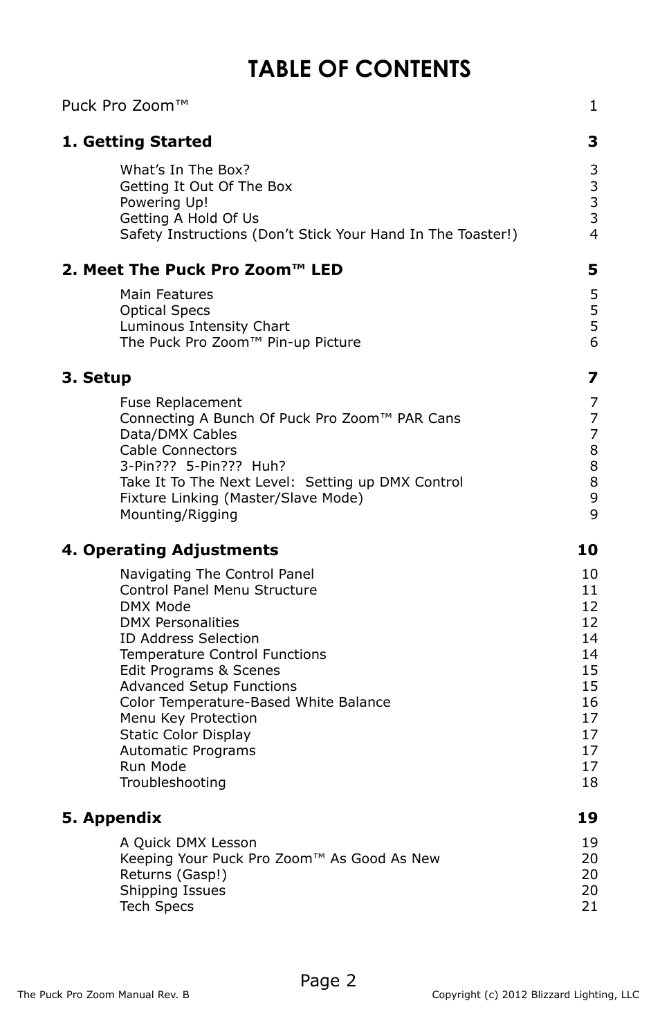 Blizzard Lighting Puck Pro Zoom (Rev B) User Manual | Page 2 / 24