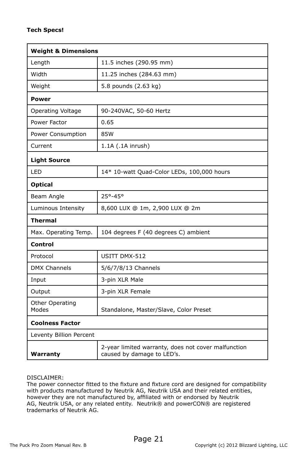 Page 21 | Blizzard Lighting Puck Pro Zoom (Rev B) User Manual | Page 21 / 24