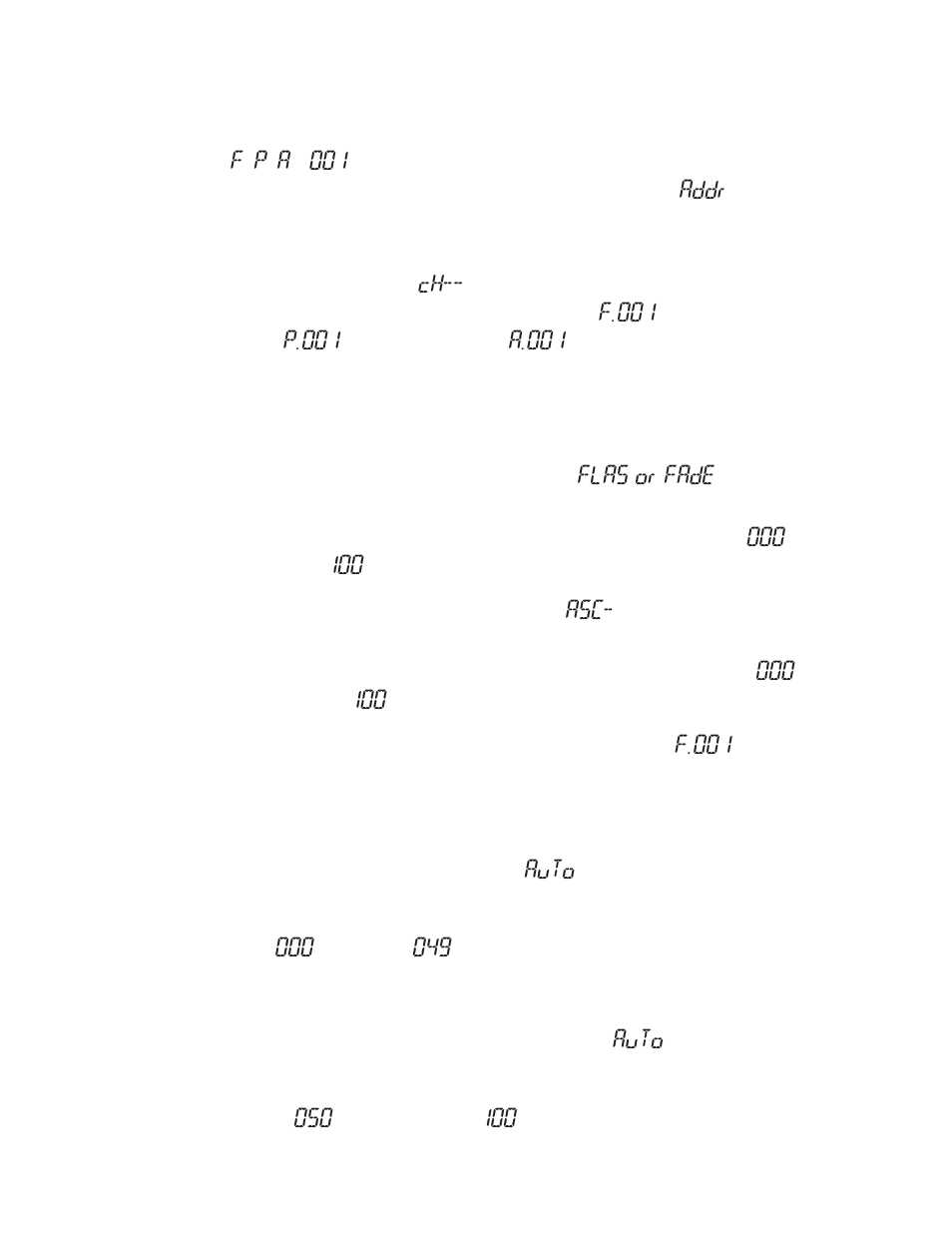 F/p/a/.001, Addr, F.001 | P.001, A.001, Flas or fade, Auto, Page 12 | Blizzard Lighting RGBW Q-Stick (Rev A) User Manual | Page 12 / 20