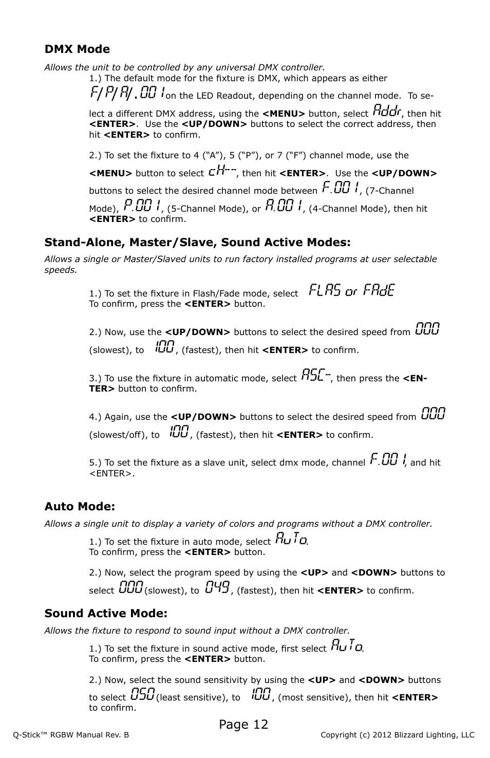 F/p/a/.001, Addr, F.001 | P.001, A.001, Flas or fade, Auto, Page 12 | Blizzard Lighting RGBW Q-Stick (Rev B) User Manual | Page 12 / 20
