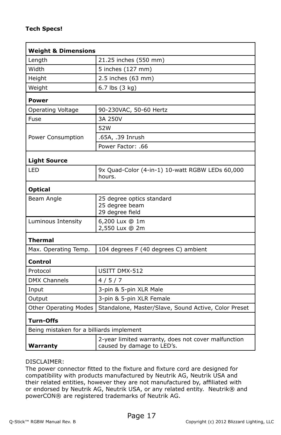 Page 17 | Blizzard Lighting RGBW Q-Stick (Rev B) User Manual | Page 17 / 20