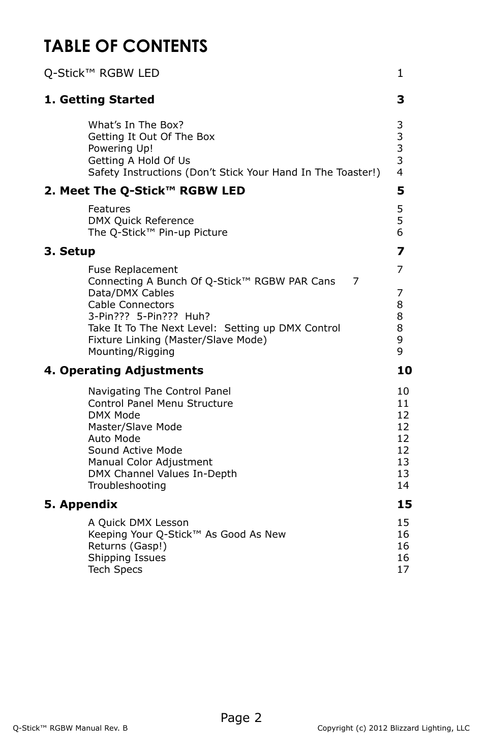 Blizzard Lighting RGBW Q-Stick (Rev B) User Manual | Page 2 / 20