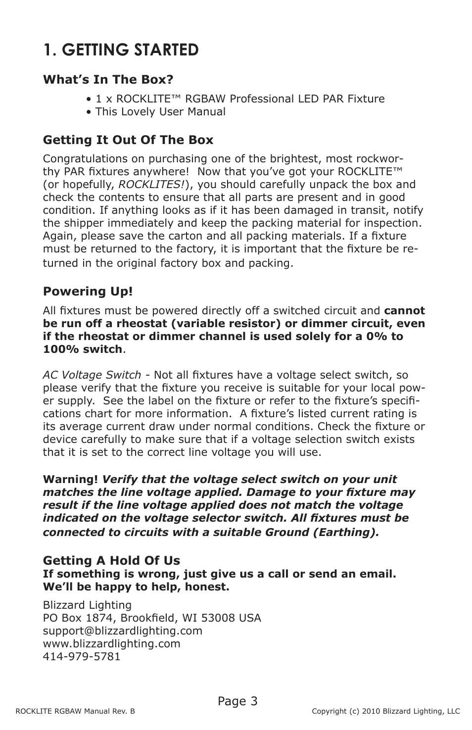 Getting started | Blizzard Lighting RGBAW ROCKLITE (Rev B) User Manual | Page 3 / 20