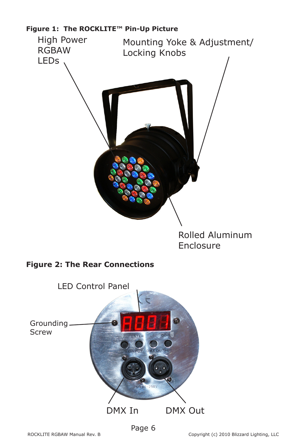 Dmx in dmx out | Blizzard Lighting RGBAW ROCKLITE (Rev B) User Manual | Page 6 / 20