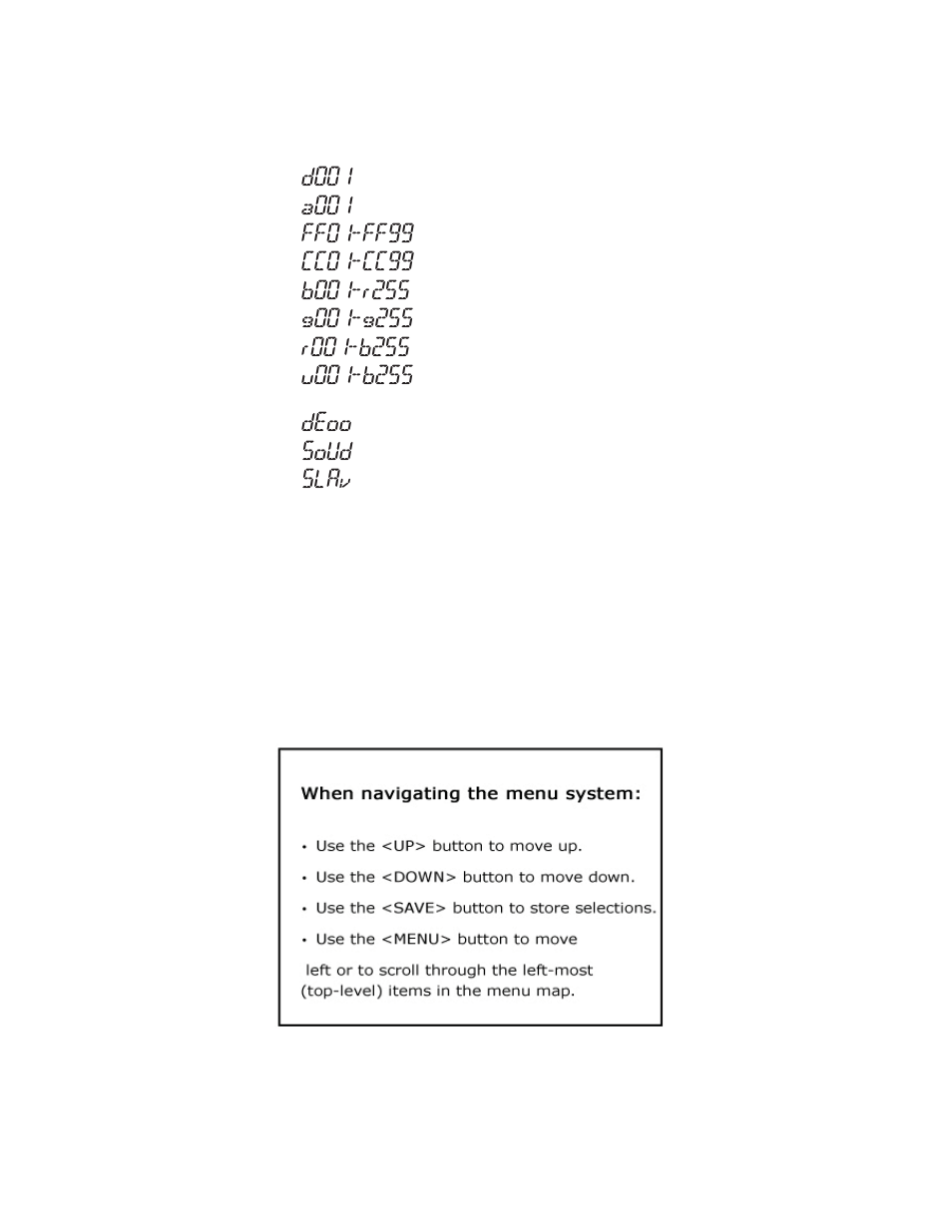 D001, A001, Ff01-ff99 | Cc01-cc99, Deoo, Soud, Slav | Blizzard Lighting RGBW ROCKLITE (Rev B) User Manual | Page 11 / 20