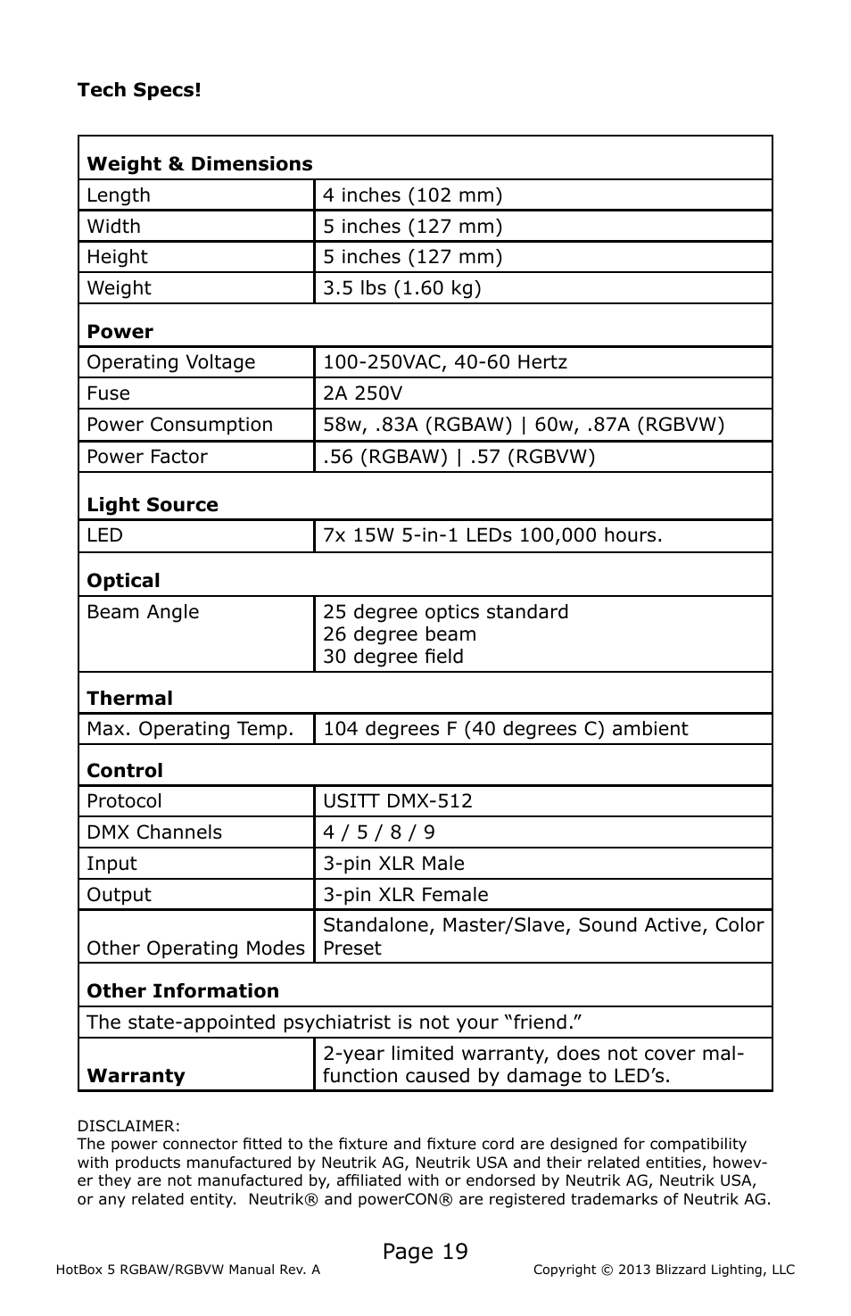 Page 19 | Blizzard Lighting RGBAW RokBox 5 (Rev A) User Manual | Page 19 / 20