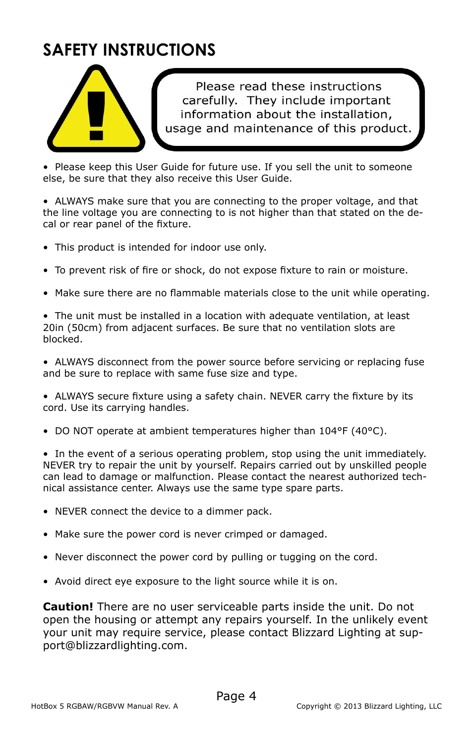 Safety instructions, Page 4 | Blizzard Lighting RGBAW RokBox 5 (Rev A) User Manual | Page 4 / 20