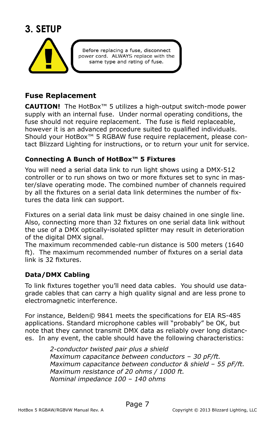 Setup, Page 7, Fuse replacement | Blizzard Lighting RGBAW RokBox 5 (Rev A) User Manual | Page 7 / 20