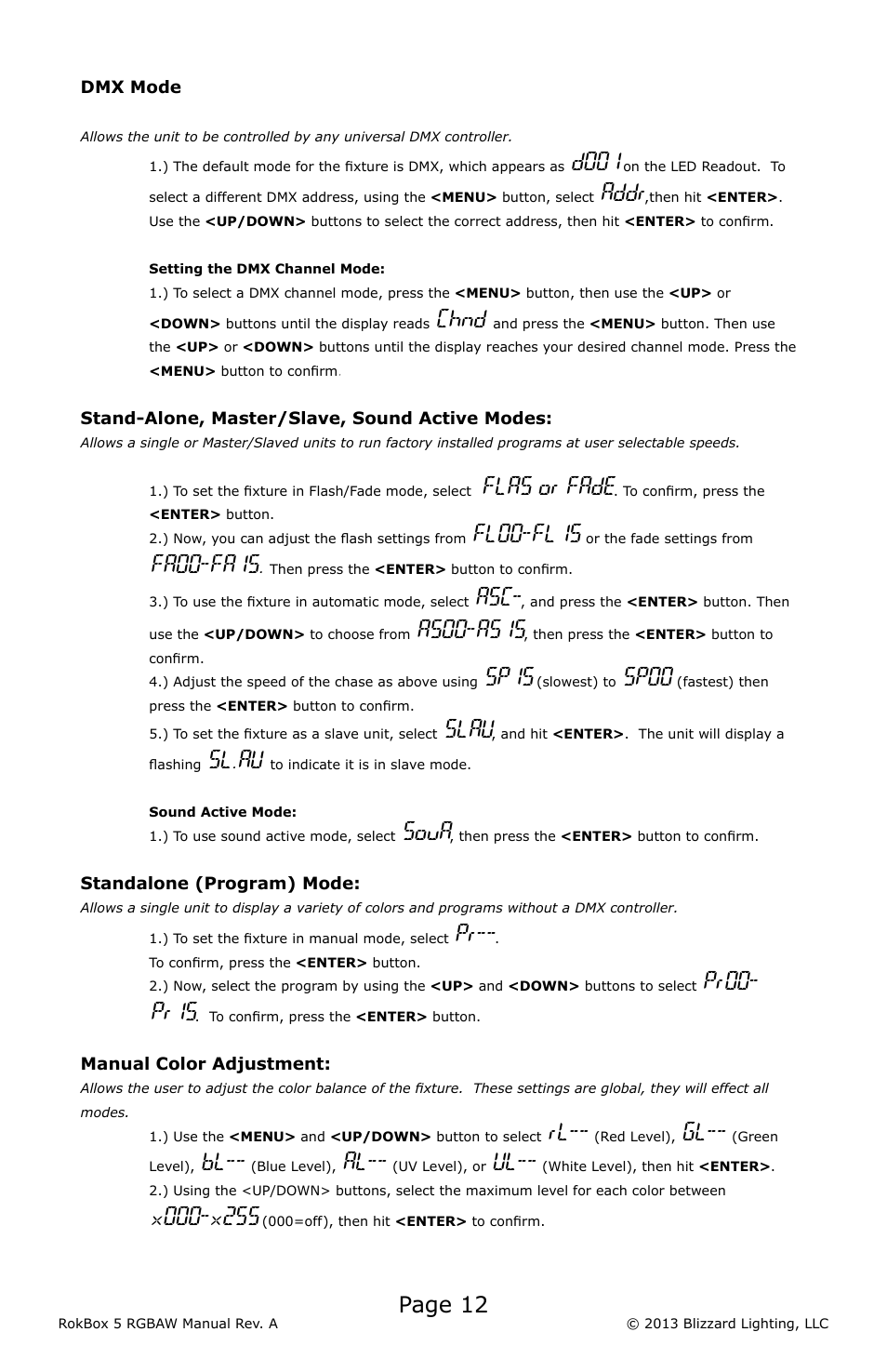 Page 12, D001, Addr | Chnd, Flas or fade, Fl00-fl15, Fa00-fa15, As00-as15, Sp15, Sp00 | Blizzard Lighting RGBVW RokBox 5 (Rev A) User Manual | Page 12 / 20