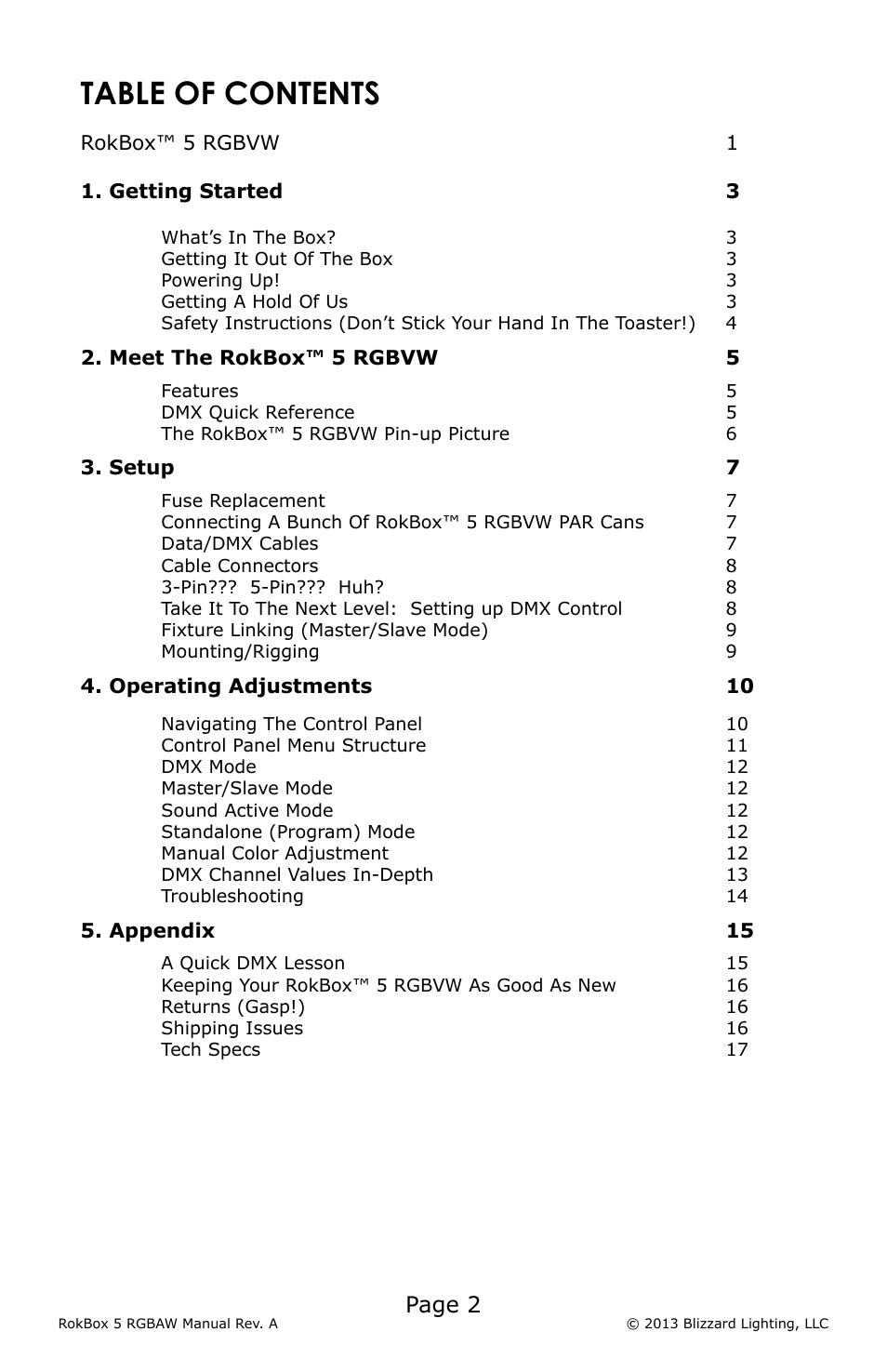 Blizzard Lighting RGBVW RokBox 5 (Rev A) User Manual | Page 2 / 20