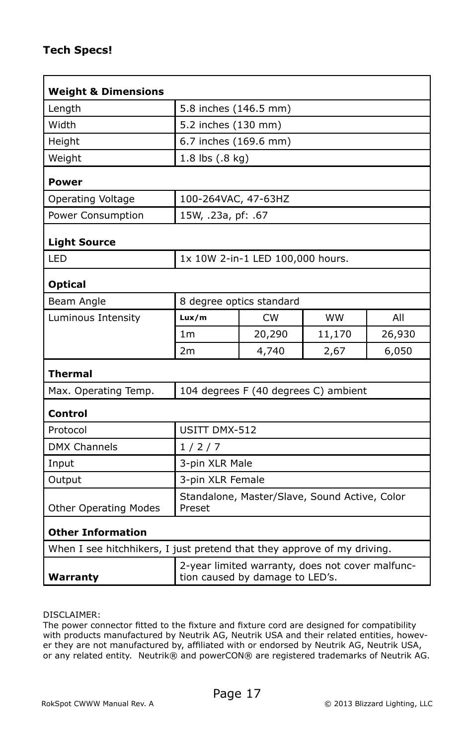 Page 17 | Blizzard Lighting CWWW RokSpot (Rev A) User Manual | Page 17 / 20