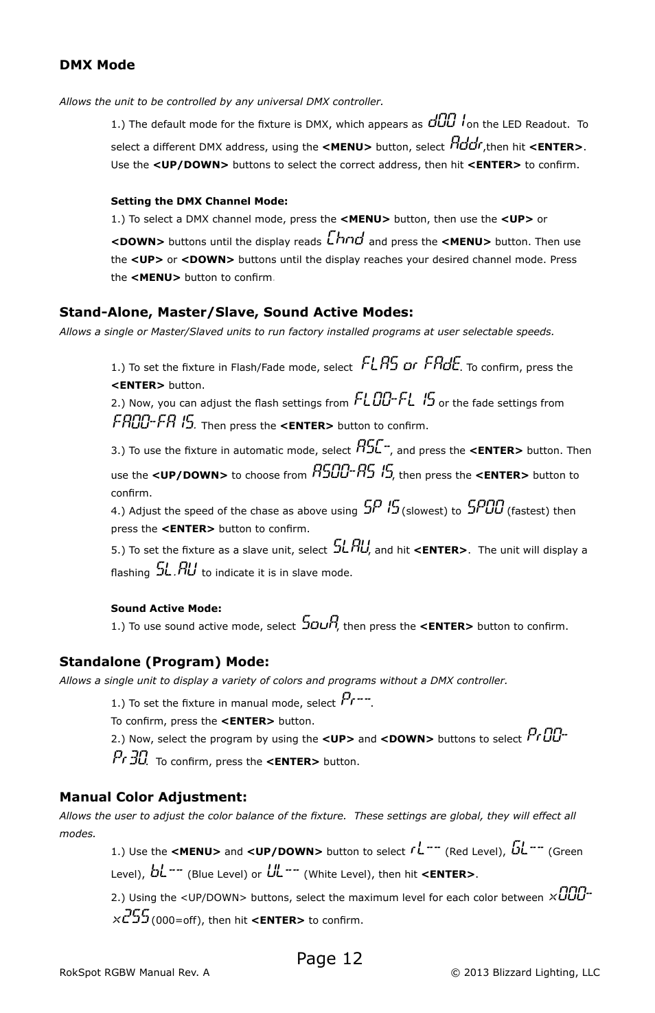 Page 12, D001, Addr | Chnd, Flas or fade, Fl00-fl15, Fa00-fa15, As00-as15, Sp15, Sp00 | Blizzard Lighting RGBW RokSpot (Rev A) User Manual | Page 12 / 20