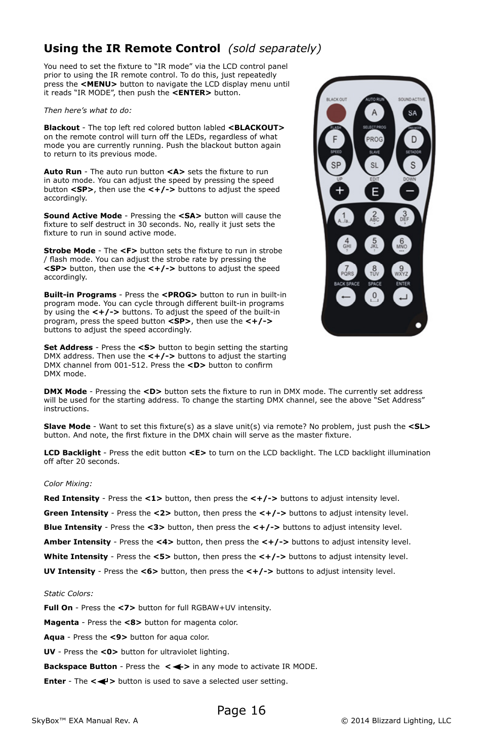 Page 16, Using the ir remote control (sold separately) | Blizzard Lighting EXA SkyBox User Manual | Page 16 / 24