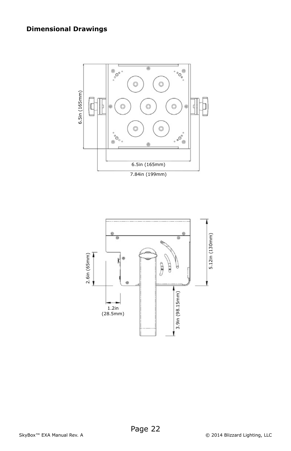 Page 22, Dimensional drawings | Blizzard Lighting EXA SkyBox User Manual | Page 22 / 24