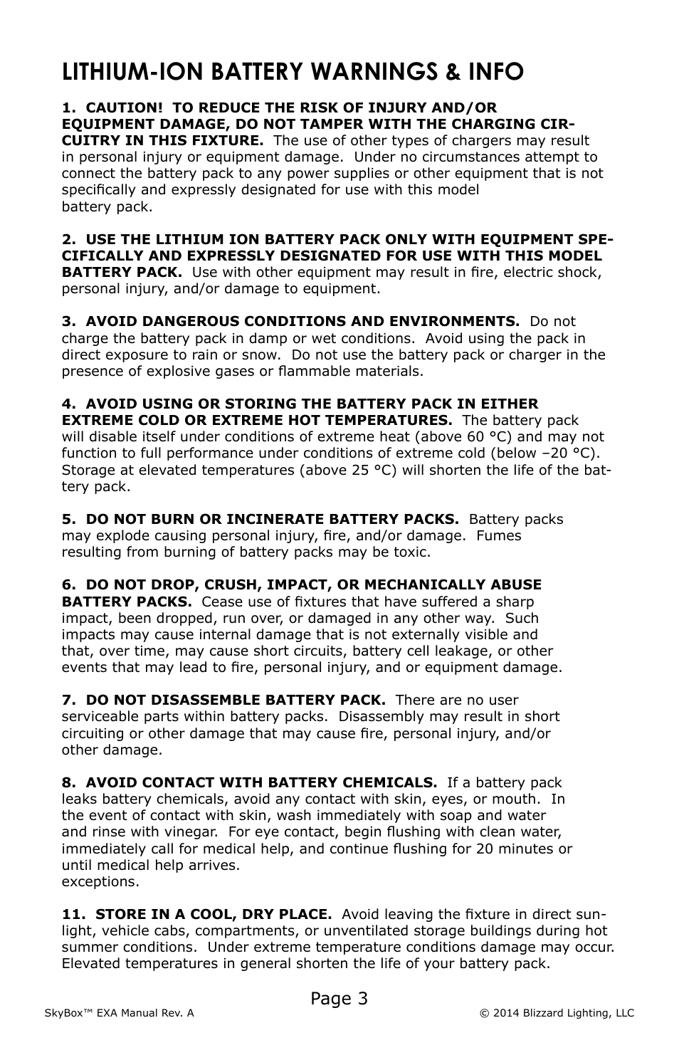 Lithium-ion battery warnings & info, Page 3 | Blizzard Lighting EXA SkyBox User Manual | Page 3 / 24