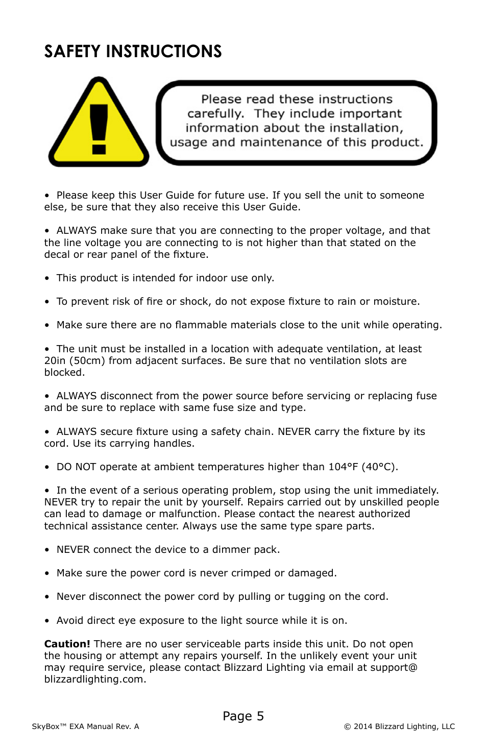 Safety instructions, Page 5 | Blizzard Lighting EXA SkyBox User Manual | Page 5 / 24