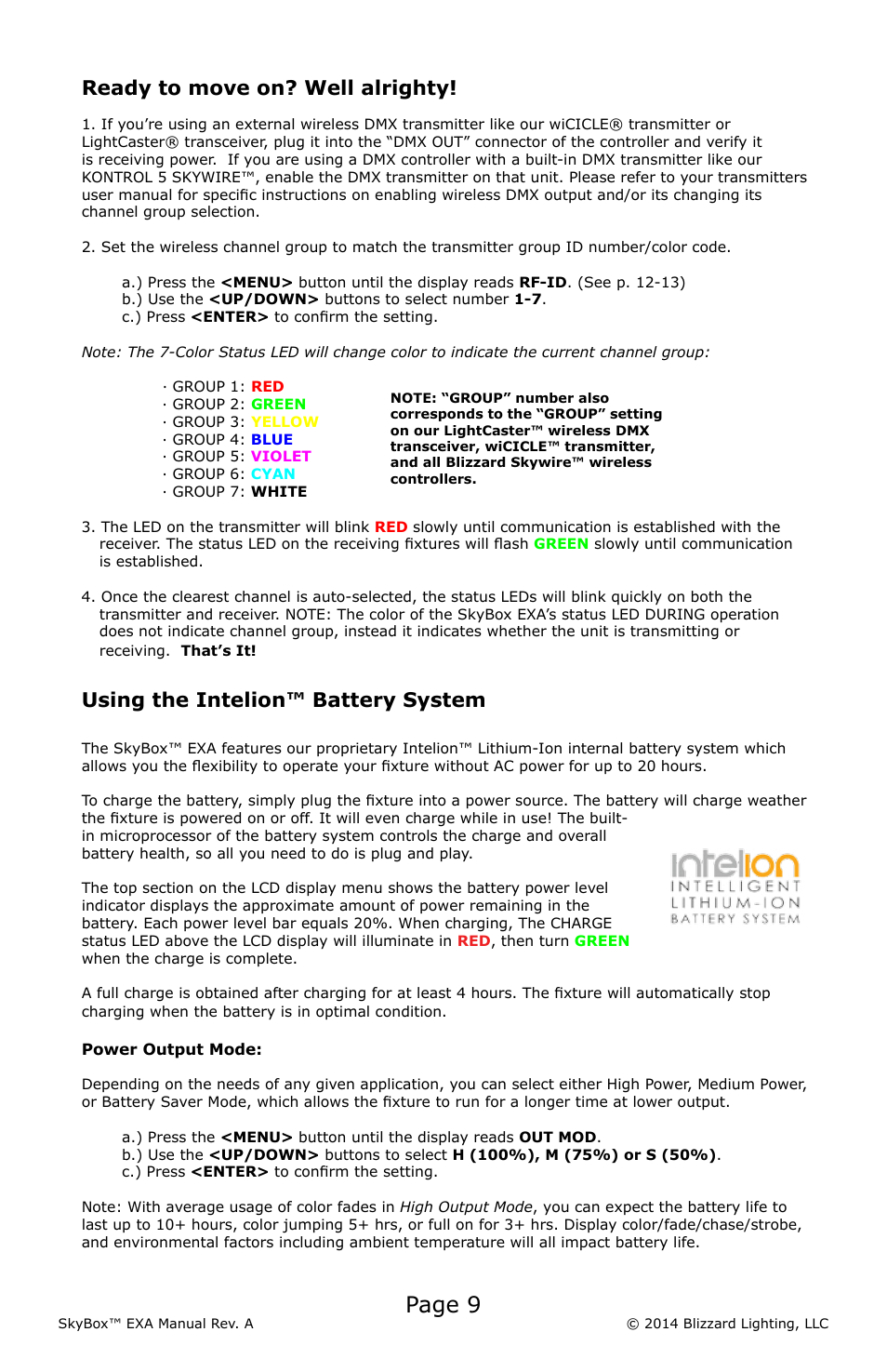 Page 9, Ready to move on? well alrighty, Using the intelion™ battery system | Blizzard Lighting EXA SkyBox User Manual | Page 9 / 24