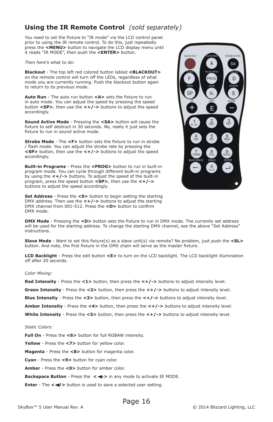 Page 16, Using the ir remote control (sold separately) | Blizzard Lighting 5 SkyBox (Rev A) User Manual | Page 16 / 24