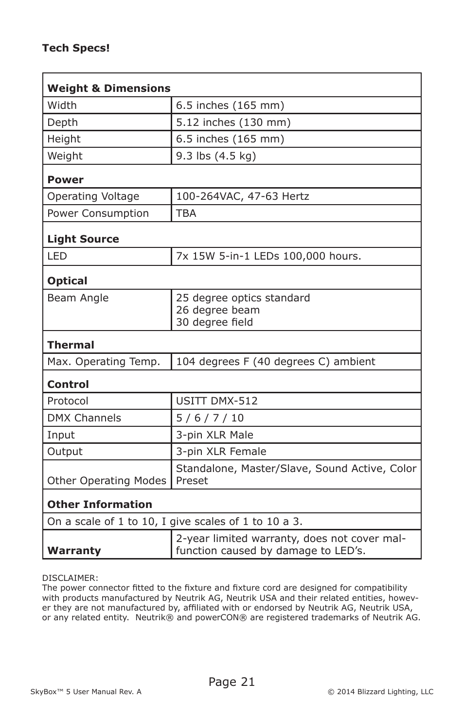 Page 21 | Blizzard Lighting 5 SkyBox (Rev A) User Manual | Page 21 / 24