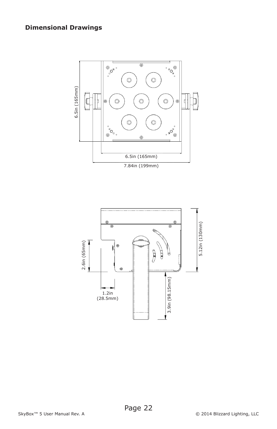 Page 22, Dimensional drawings | Blizzard Lighting 5 SkyBox (Rev A) User Manual | Page 22 / 24