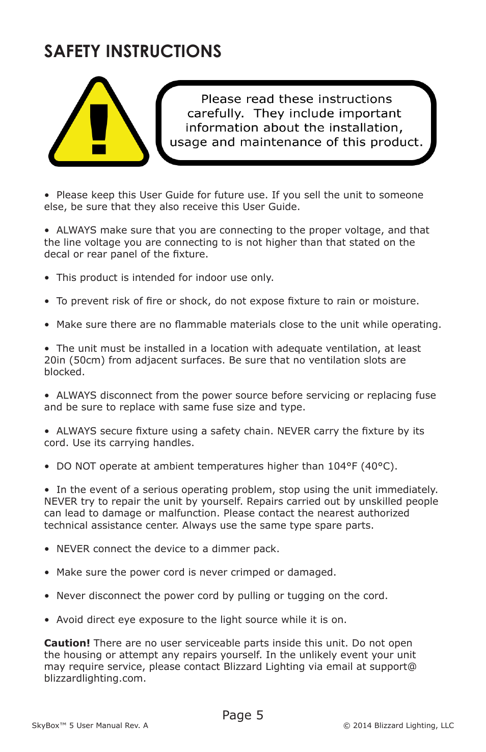 Safety instructions, Page 5 | Blizzard Lighting 5 SkyBox (Rev A) User Manual | Page 5 / 24