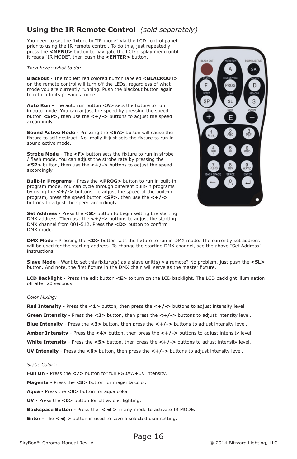 Page 16, Using the ir remote control (sold separately) | Blizzard Lighting Chroma SkyBox (Rev A User Manual | Page 16 / 24