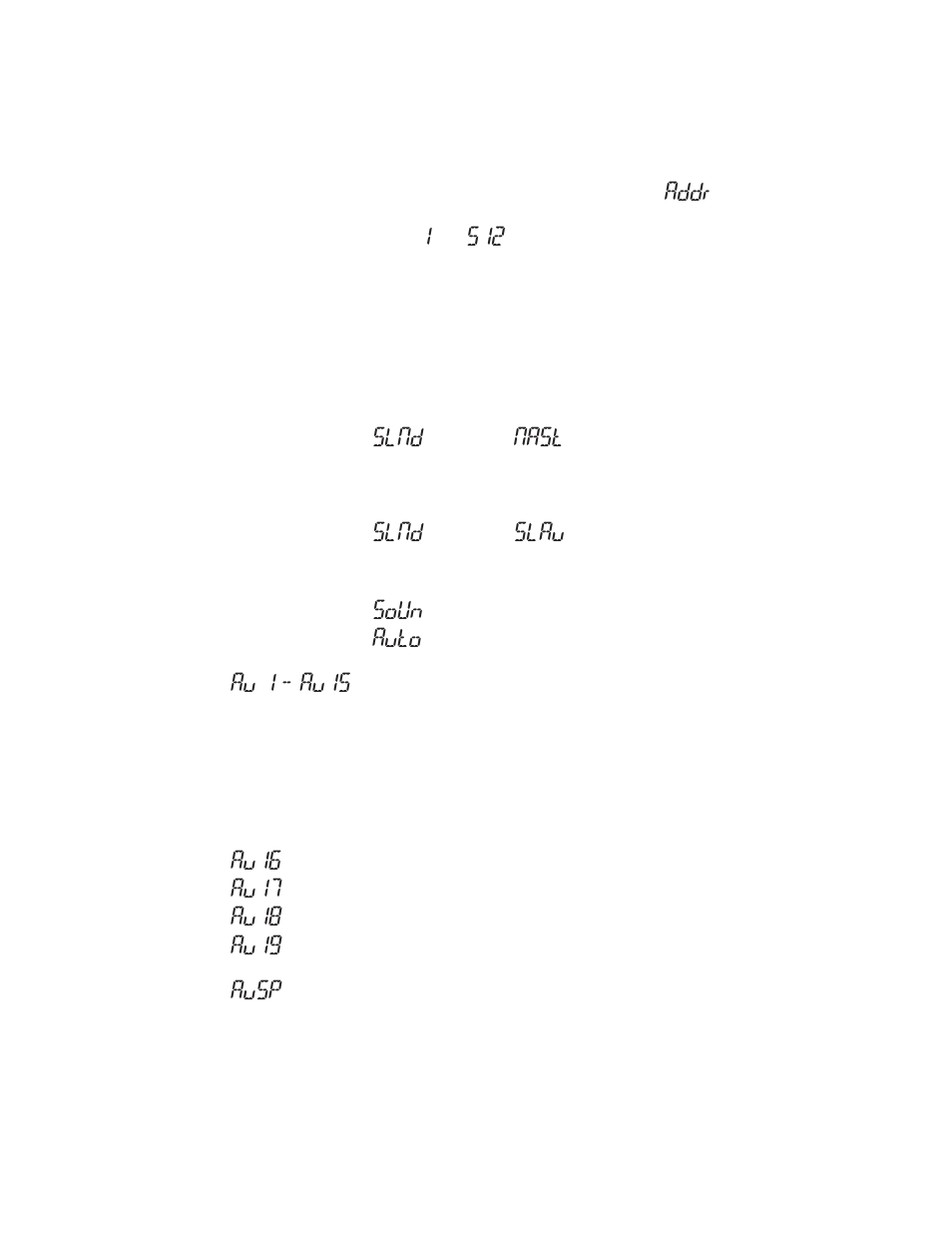 Operating adjustments, Addr, Slnd | Nast, Slau, Soun, Auto, Au 1 - au15, Au16, Au17 | Blizzard Lighting Snowball (Rev A) User Manual | Page 8 / 12